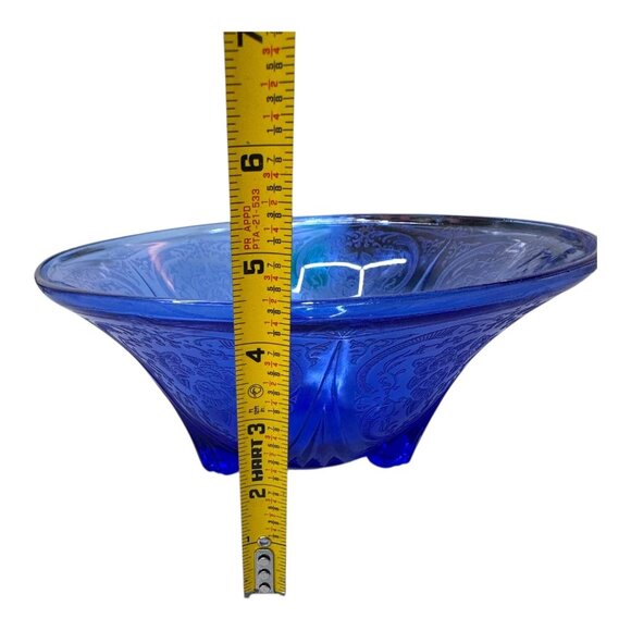 Vintage Hazel Atlas Royal Lace Cobalt Blue Etched Glass Footed Bowl 10" Serving - Picture 5 of 6